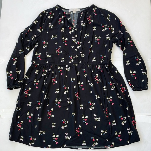 LOFT Black Casual Floral Side Tie Sundress Long Sleeves Medium Petite - Picture 14 of 16